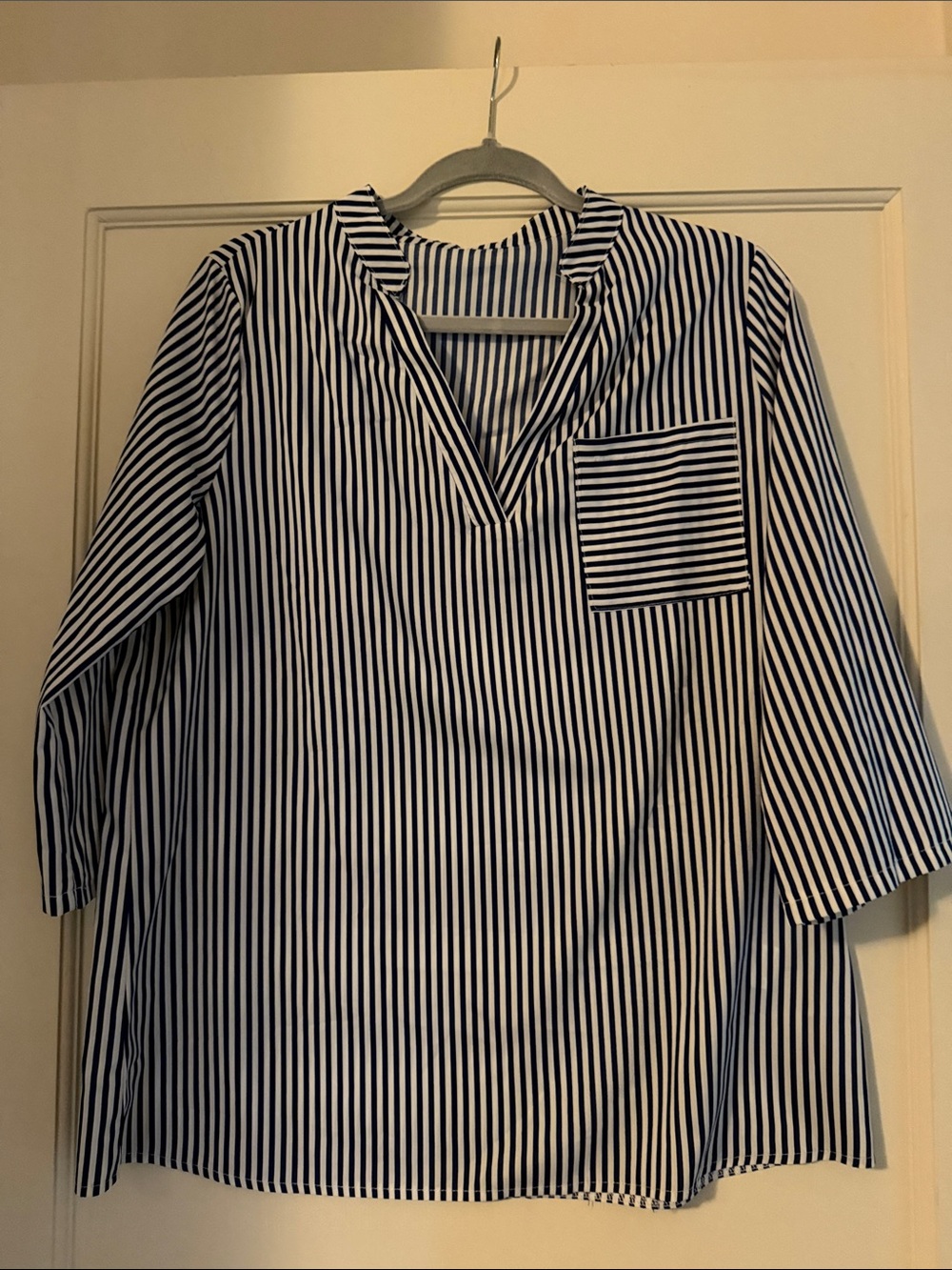 Striped V-Neck Tunic Top in Navy and White